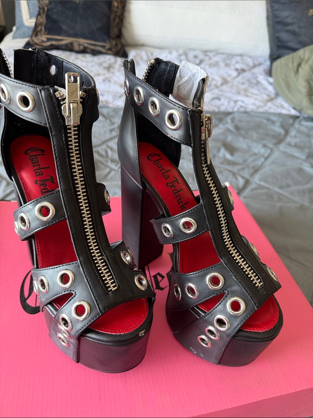 Black Platform Grommet Zip Sandals - Picture 1 of 4